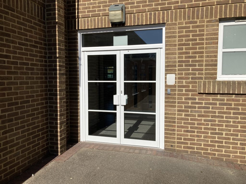 Extra wide double secure doors at school building
