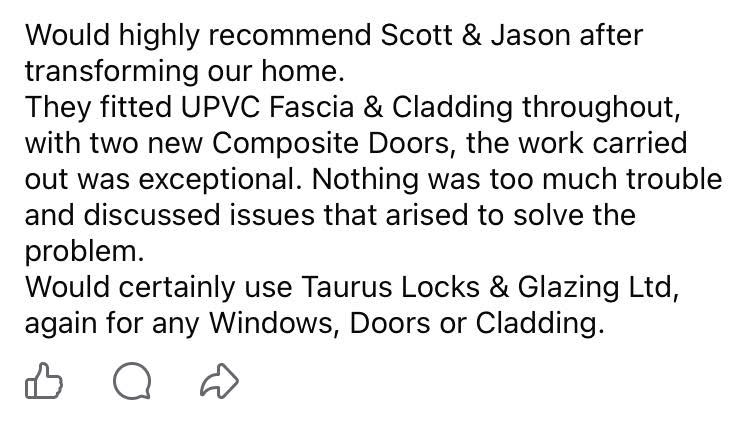 A customer review for a rear and front composite door installation, carried out by Taurus Locks and Glazing.
